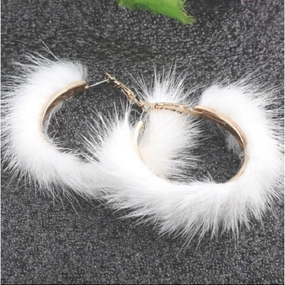 New White Fur Hoop Earrings